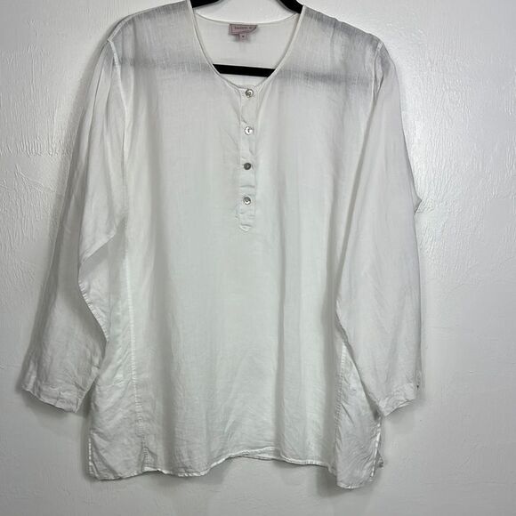 Hanna G White Linen Long Sleeve Button Front Blouse Top Size M - Picture 1 of 9